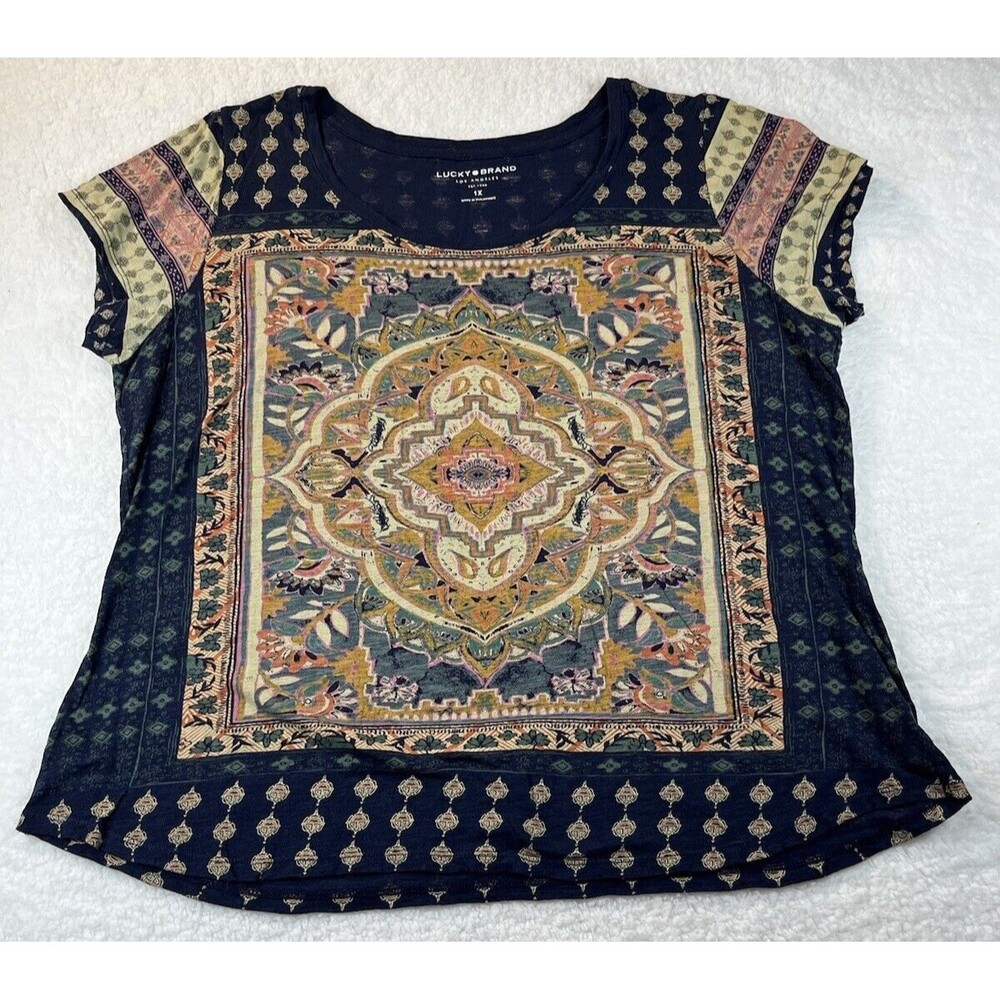 Lucky Brand Tee Womens Plus 1X Persian Carpet Top Scoop S/S Bohemian Lagenlook